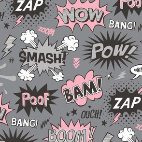 Superhero Comic Pop art Speech Bubbles Words Pink on Grey