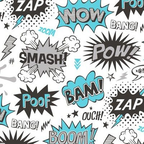 Superhero Comic Pop art Speech Bubbles Words Blue