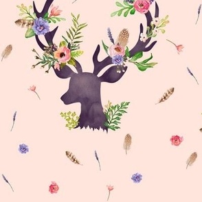 Purple Deer w/ Floral Antlers (baby pink) - Purple Flowers Feathers Baby Girl Nursery Crib Sheets Bedding A