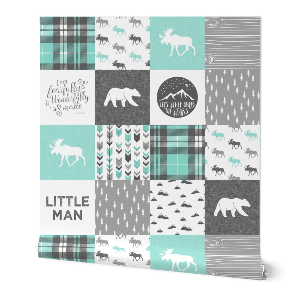 Little man - Fearfully and Wonderfully Made - Patchwork woodland quilt top  (light teal)