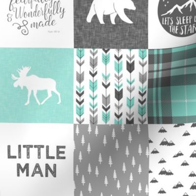 (3" small scale) Little man - Fearfully and Wonderfully Made - Patchwork woodland quilt top  (light teal)