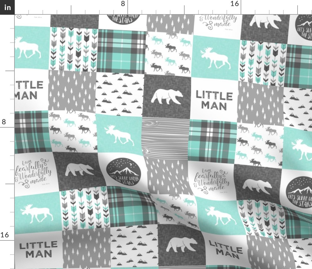 (3" small scale) Little man - Fearfully and Wonderfully Made - Patchwork woodland quilt top  (light teal)