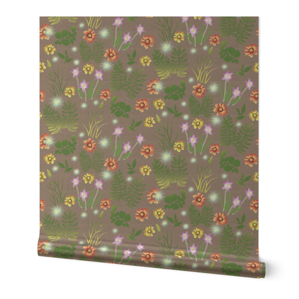 Multicolor Crocus calliopsis and Fern on Brown Paper