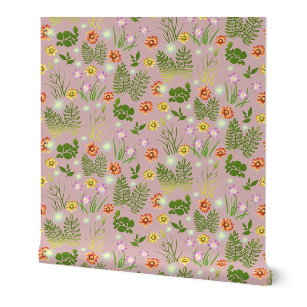 Multicolor Crocus calliopsis and Fern on Pink Paper