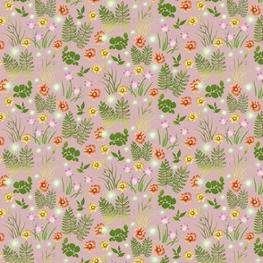 Multicolor Crocus calliopsis and Fern on Pink Paper