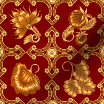 Jacobean Floral Print #1 in Red and Gold