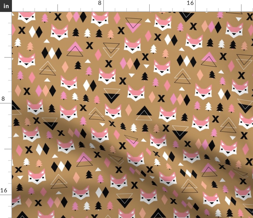 Geometric fox and pine tree illustration pattern ochre pink girls
