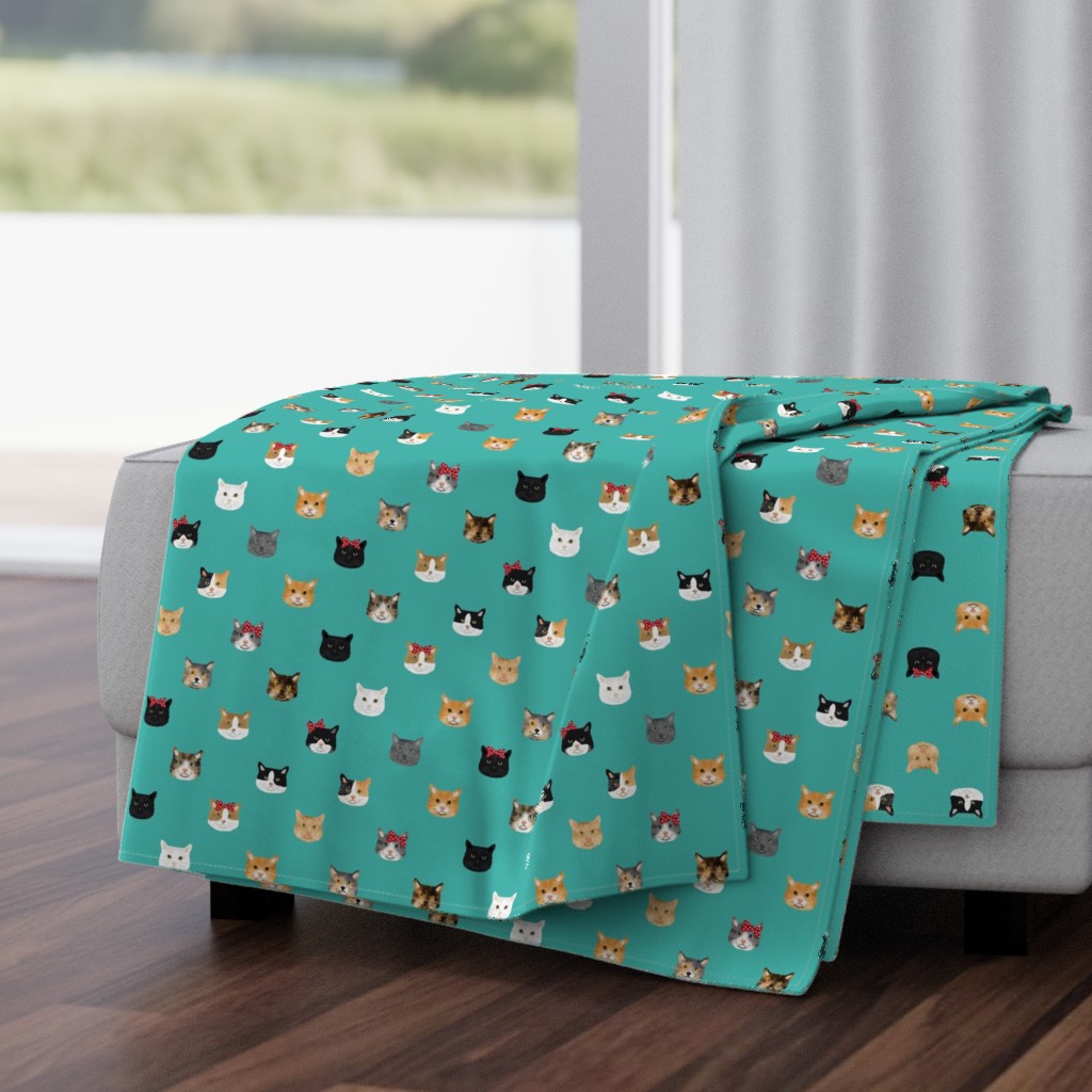 cat breed faces with bows cute pet fabric for cat lovers teal