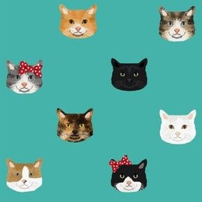 cat breed faces with bows cute pet fabric for cat lovers teal