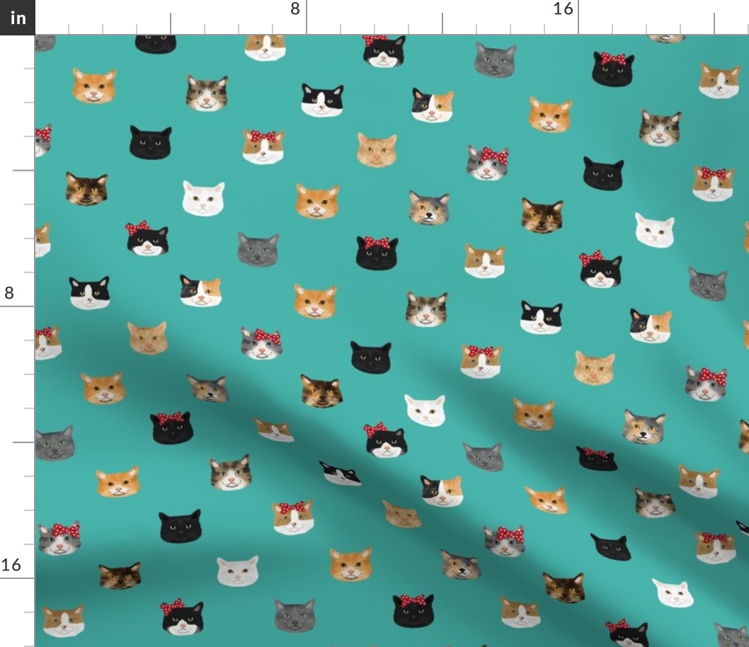 cat breed faces with bows cute pet fabric for cat lovers teal