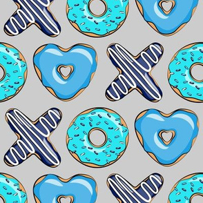 blue X O  heart shaped donuts - xo heart donuts on grey 