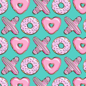 (small scale) X O  heart shaped donuts - xo heart donuts on dark teal 