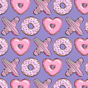 (small scale) X O  heart shaped donuts -  pink on purple