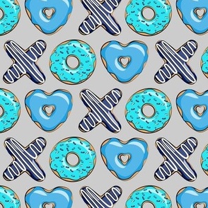 (small scale) blue X O  heart shaped donuts - xo heart donuts on grey 