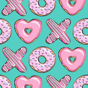 X O  heart shaped donuts - xo heart donuts on dark teal 