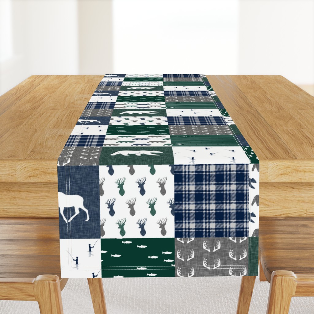 woodland patchwork fishing quilt - green navy grey