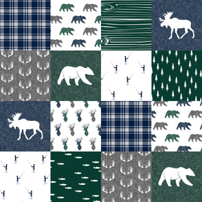 woodland patchwork fishing quilt - green navy grey
