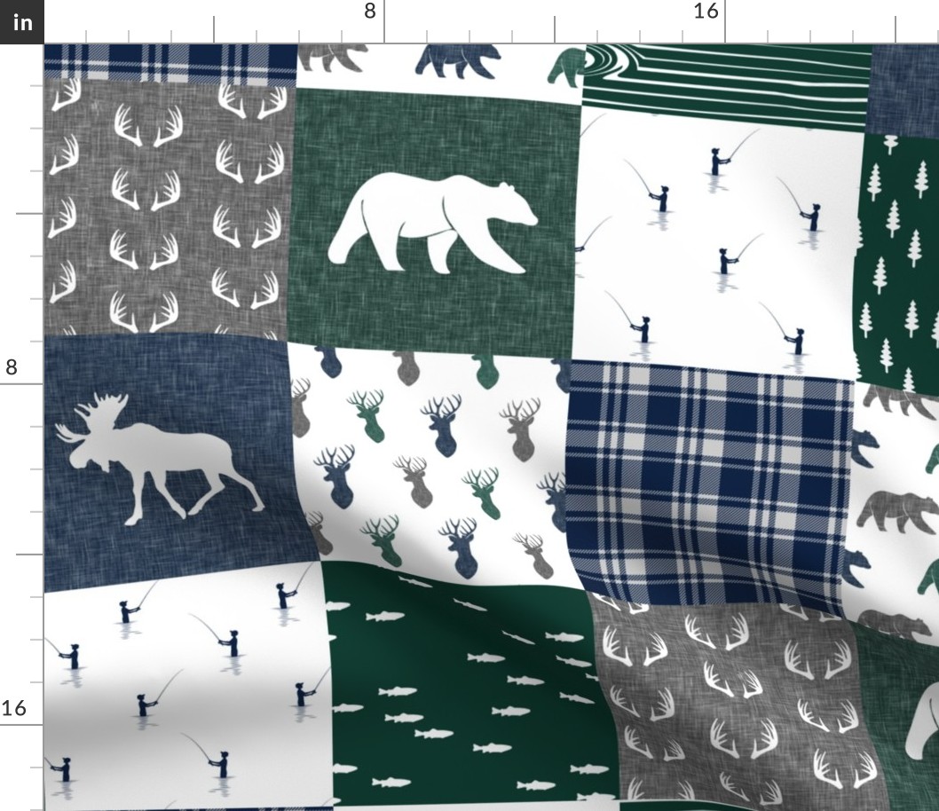 woodland patchwork fishing quilt - green navy grey