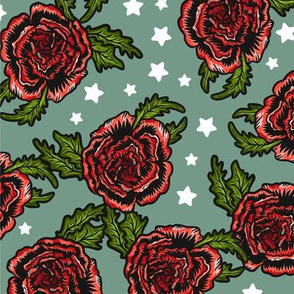 Roses on Green with White Stars