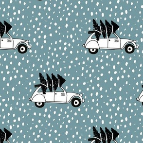 Driving home for Christmas Vintage french oldtimer car christmas tree winter snow wonderland Scandinavian style ice blue