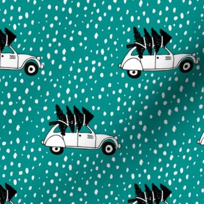 Driving home for Christmas Vintage french oldtimer car christmas tree winter snow wonderland Scandinavian style teal