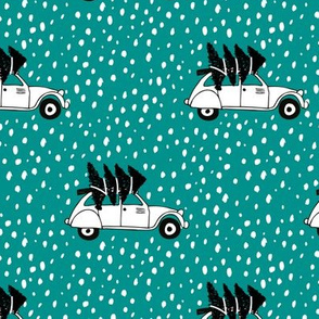 Driving home for Christmas Vintage french oldtimer car christmas tree winter snow wonderland Scandinavian style teal