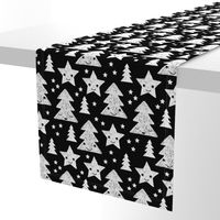 Merry christmas kawaii seasonal christmas trees and stars Japanese illustration print black and white LARGE