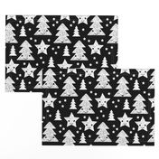 Merry christmas kawaii seasonal christmas trees and stars Japanese illustration print black and white LARGE