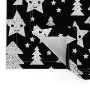 Merry christmas kawaii seasonal christmas trees and stars Japanese illustration print black and white LARGE