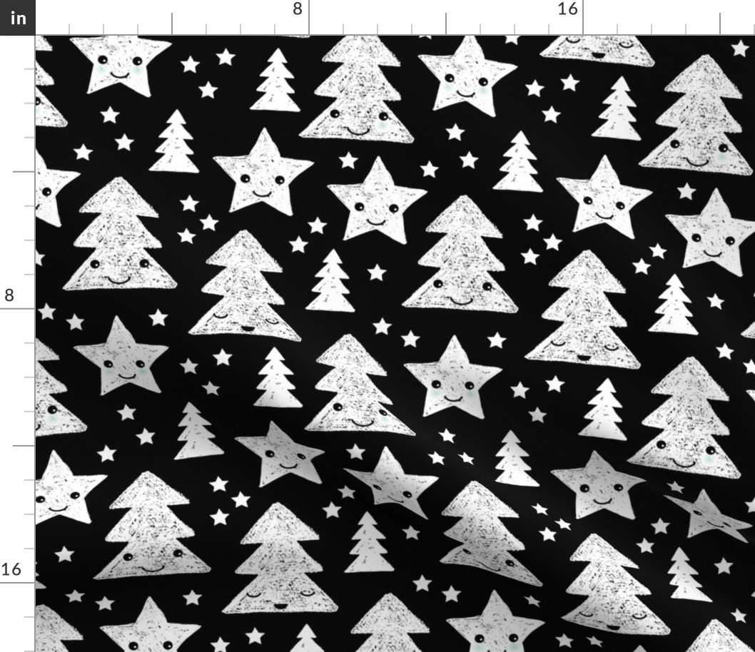 Merry christmas kawaii seasonal christmas trees and stars Japanese illustration print black and white LARGE