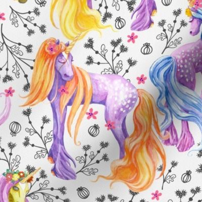 Unicorn Pattern Black Flowers