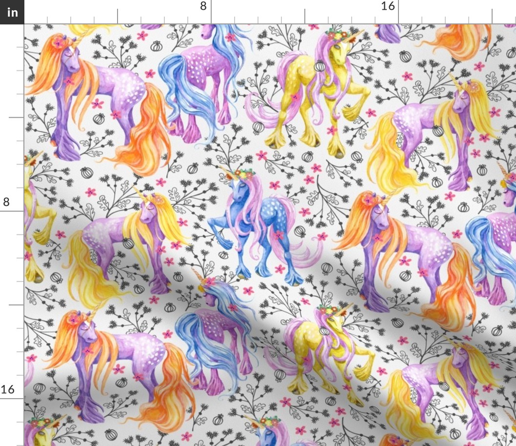 Unicorn Pattern Black Flowers