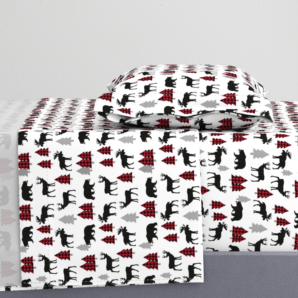 Woodland Animals Bear Moose & Deer - Red + Black Buffalo Plaid Baby Nursery Kids Children Baby Bedding