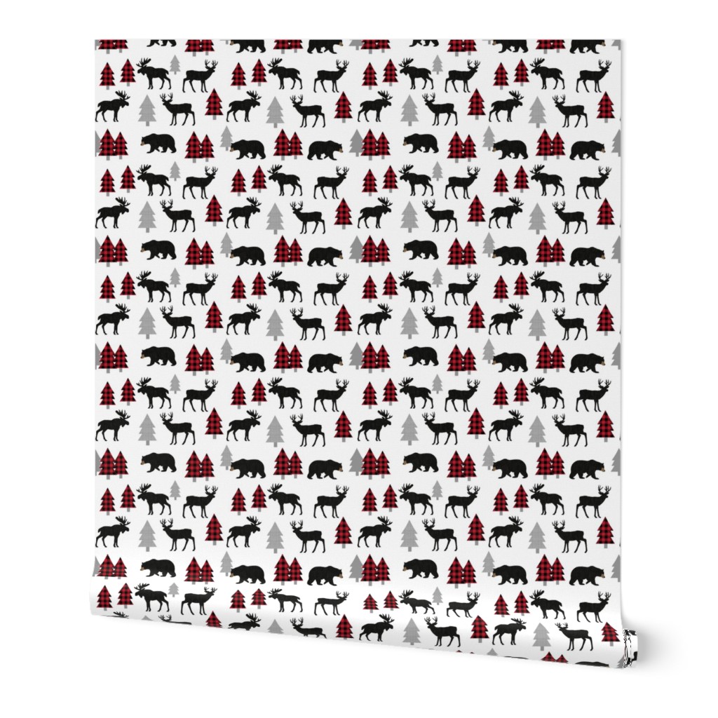 Woodland Animals Bear Moose & Deer - Red + Black Buffalo Plaid Baby Nursery Kids Children Baby Bedding