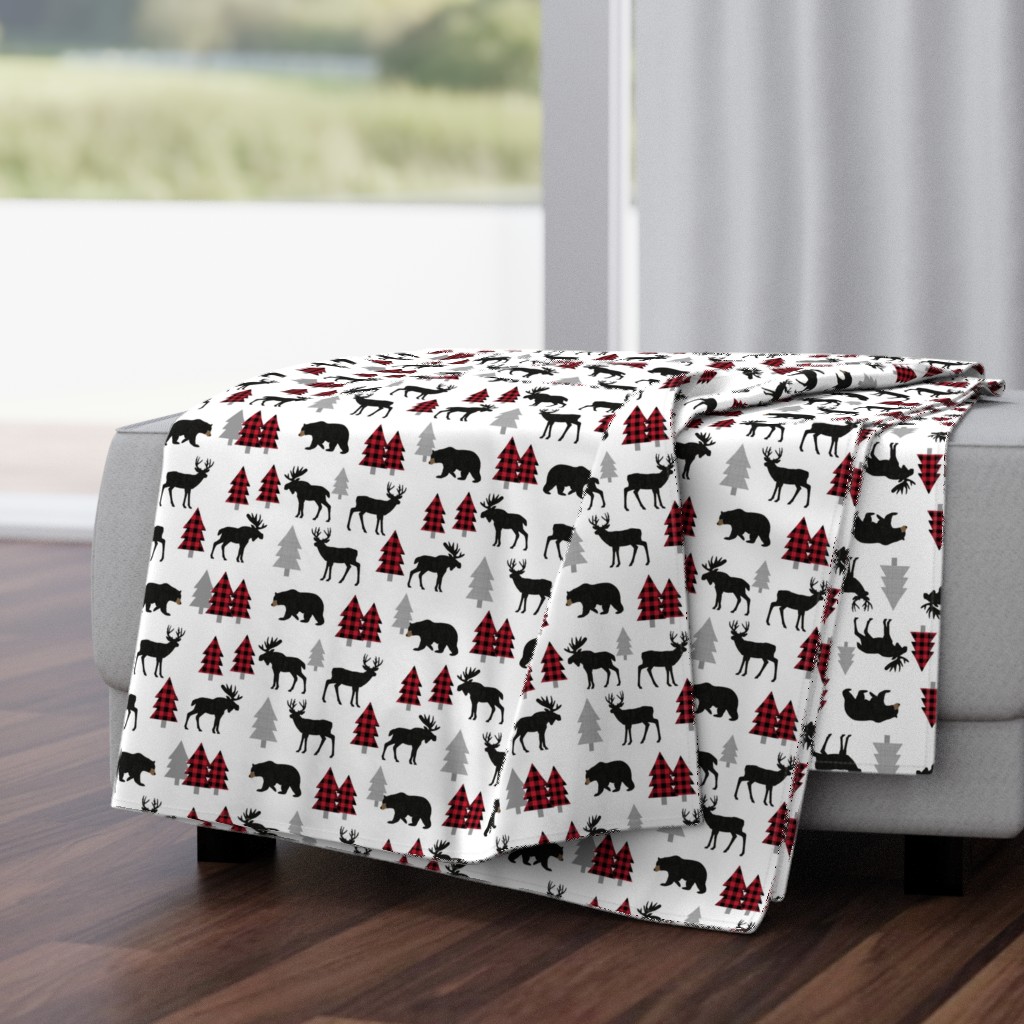 Woodland Animals Bear Moose & Deer - Red + Black Buffalo Plaid Baby Nursery Kids Children Baby Bedding