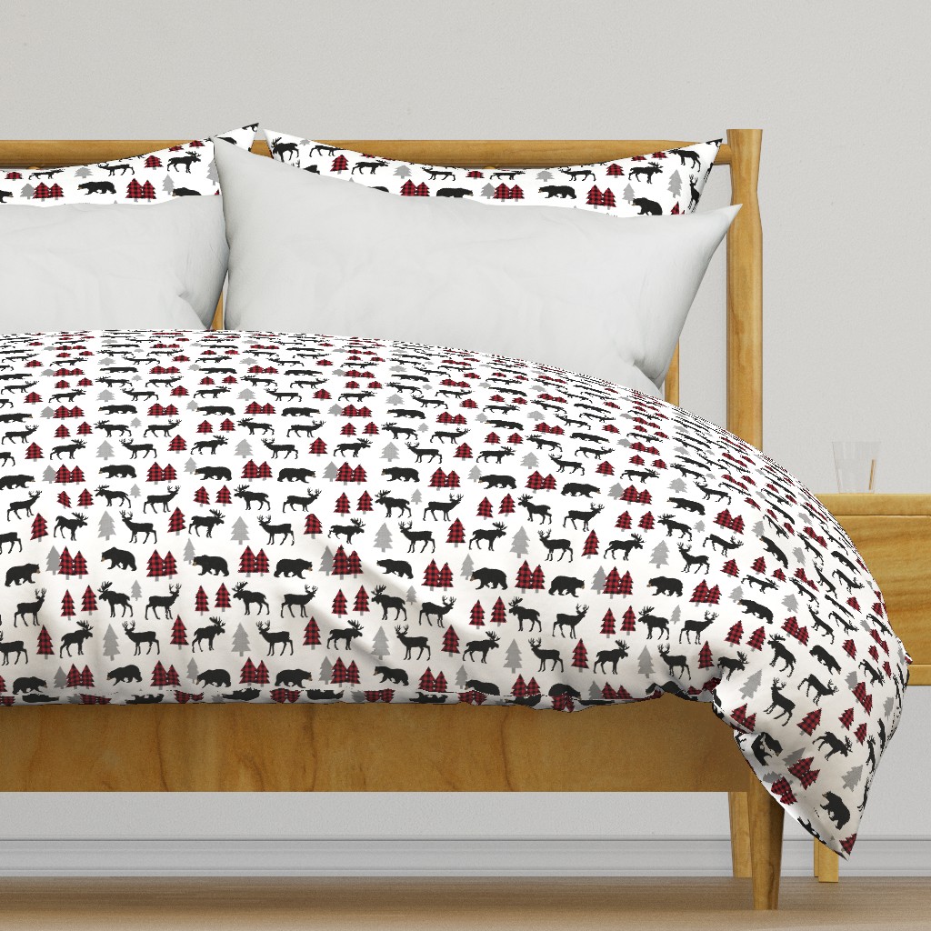 Woodland Animals Bear Moose & Deer - Red + Black Buffalo Plaid Baby Nursery Kids Children Baby Bedding