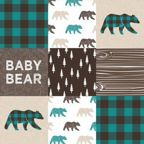 baby bear woodland patchwork fabric - dark teal, brown, tan