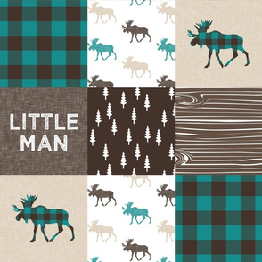 little man woodland patchwork fabric - dark teal, brown, tan 