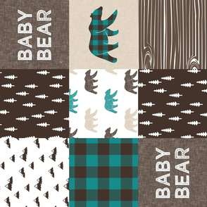 baby bear woodland patchwork fabric - dark teal, brown, tan (90)