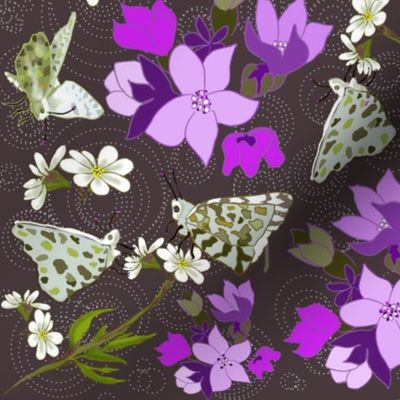 Fluttering butterflies and fushia petals