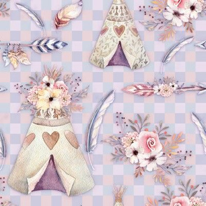 PEACH BLUE SPRING TEEPEE FLOWERS FEATHERS GINGHAM