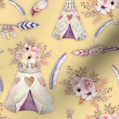 SPRING TEEPEE FLOWERS FEATHERS BUTTER YELLOW