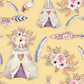SPRING TEEPEE FLOWERS FEATHERS BUTTER YELLOW
