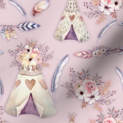 SPRING TEEPEE FLOWERS FEATHERS ARROWS POWDER PINK 