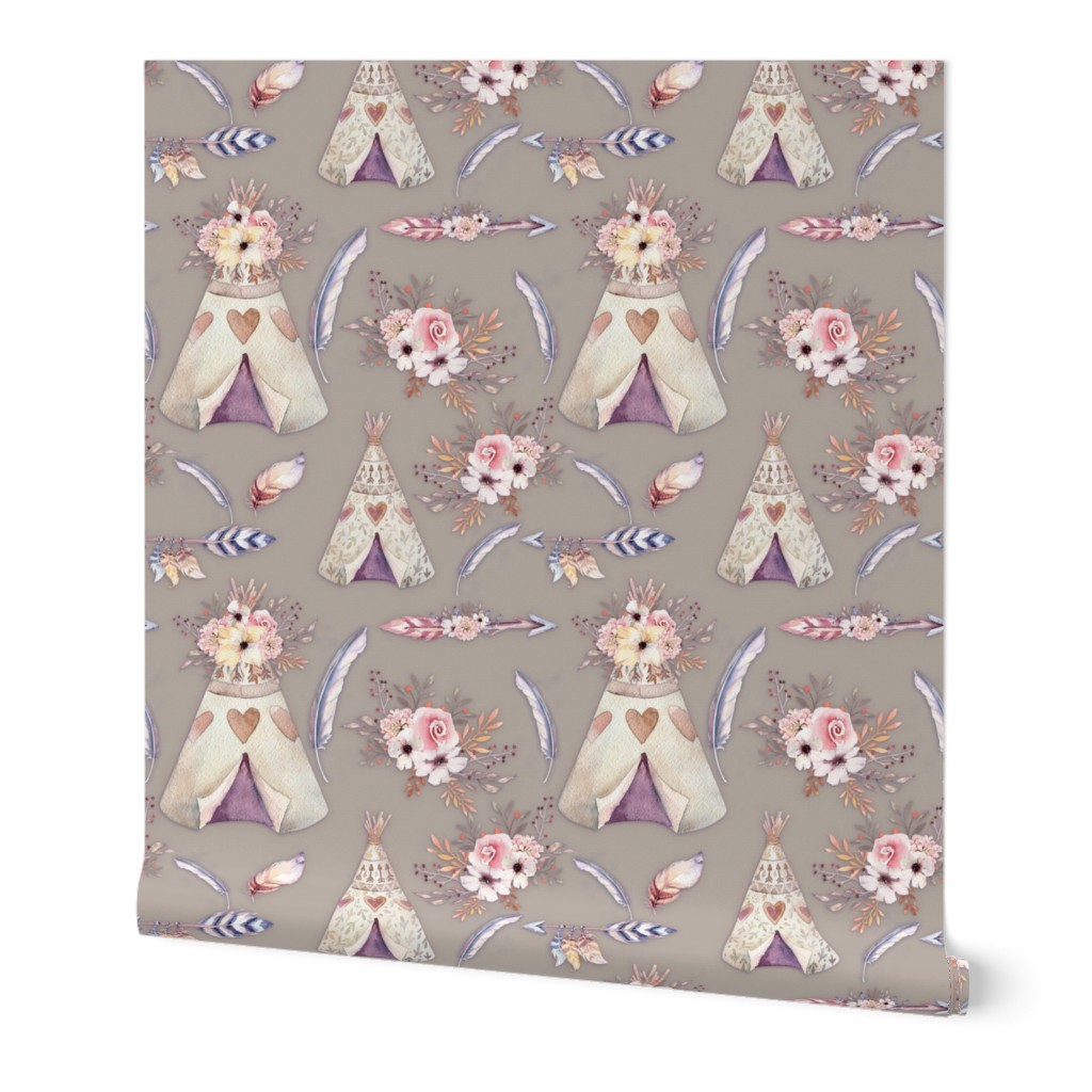 SPRING TEEPEE FLOWERS FEATHERS ARROWS SAND TAUPE BEIGE