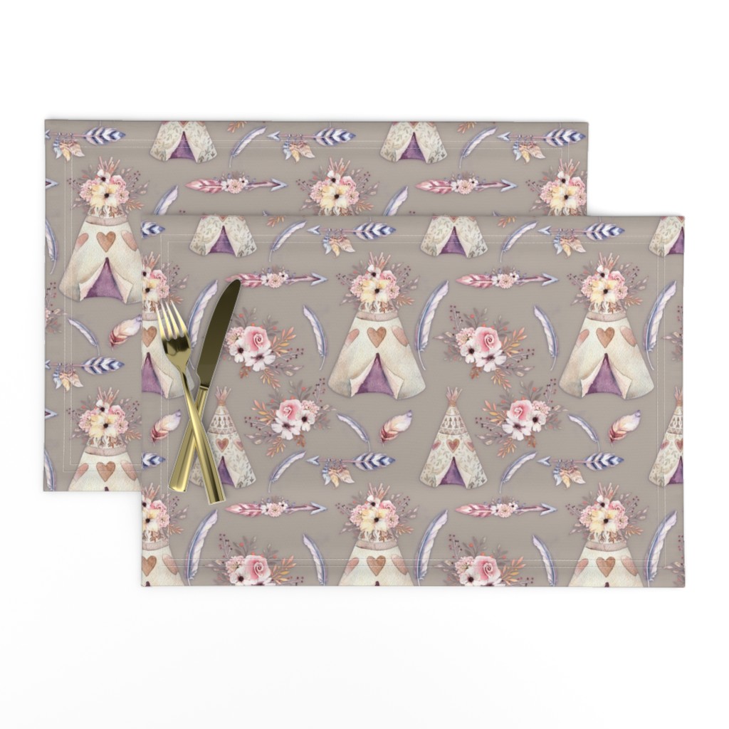 SPRING TEEPEE FLOWERS FEATHERS ARROWS SAND TAUPE BEIGE