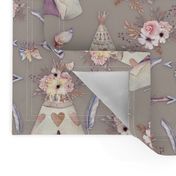 SPRING TEEPEE FLOWERS FEATHERS ARROWS SAND TAUPE BEIGE