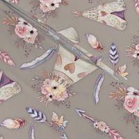 SPRING TEEPEE FLOWERS FEATHERS ARROWS SAND TAUPE BEIGE