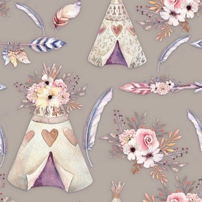 SPRING TEEPEE FLOWERS FEATHERS ARROWS SAND TAUPE BEIGE