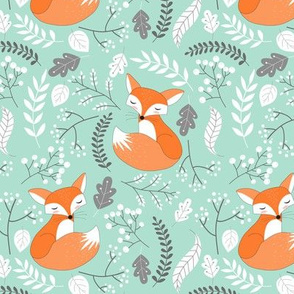 Fox - Sleepy Foxes (mint candy) Baby Nursery Woodland Animals Kids Childrens Bedding M4